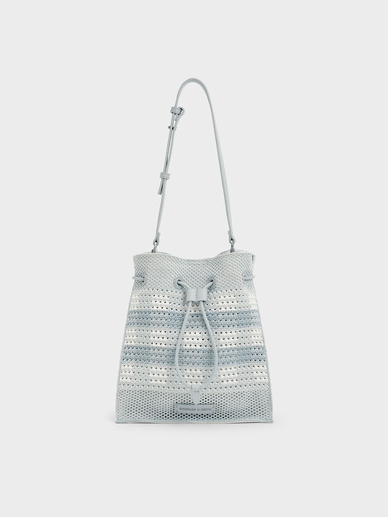 Ida Checkered Knitted Bucket Bag, Sea Salt Blue, hi-res