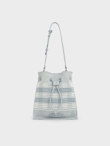 Ida Checkered Knitted Bucket Bag, Sea Salt Blue, hi-res