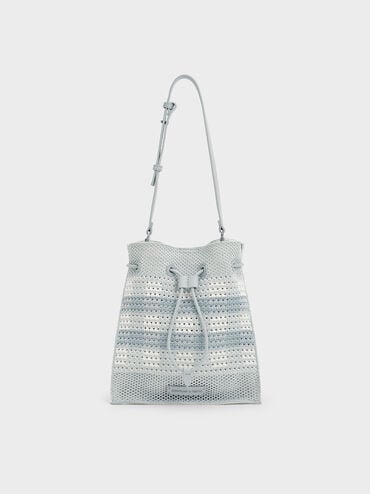 Ida Checkered Knitted Bucket Bag, Sea Salt Blue, hi-res
