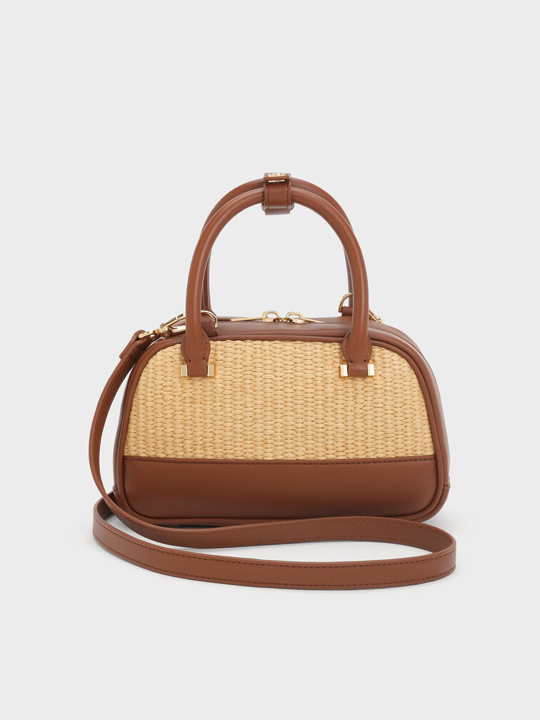 Leather & Raffia Bowling Bag, Neutral Raffia, hi-res