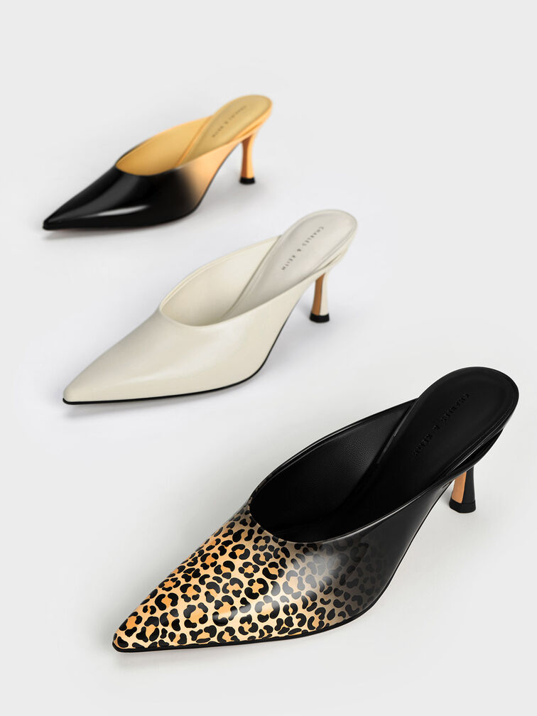Patent Two-Tone Spool Heel Mules, Dark Grey, hi-res