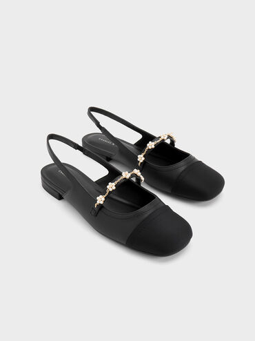 Beaded Flower Slingback Flats, Black, hi-res