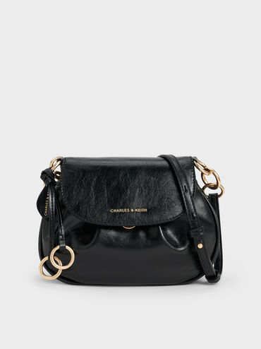 Britton Crinkle-Effect Ruched Saddle Bag, Black, hi-res