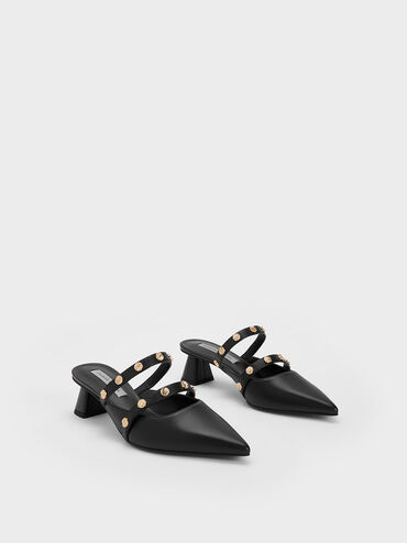 Studded Trapeze Heel Mules, Black, hi-res