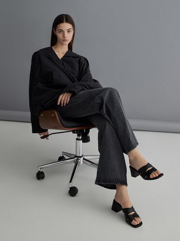 Crossover-Strap Square-Toe Block-Heel Mules, Black, hi-res