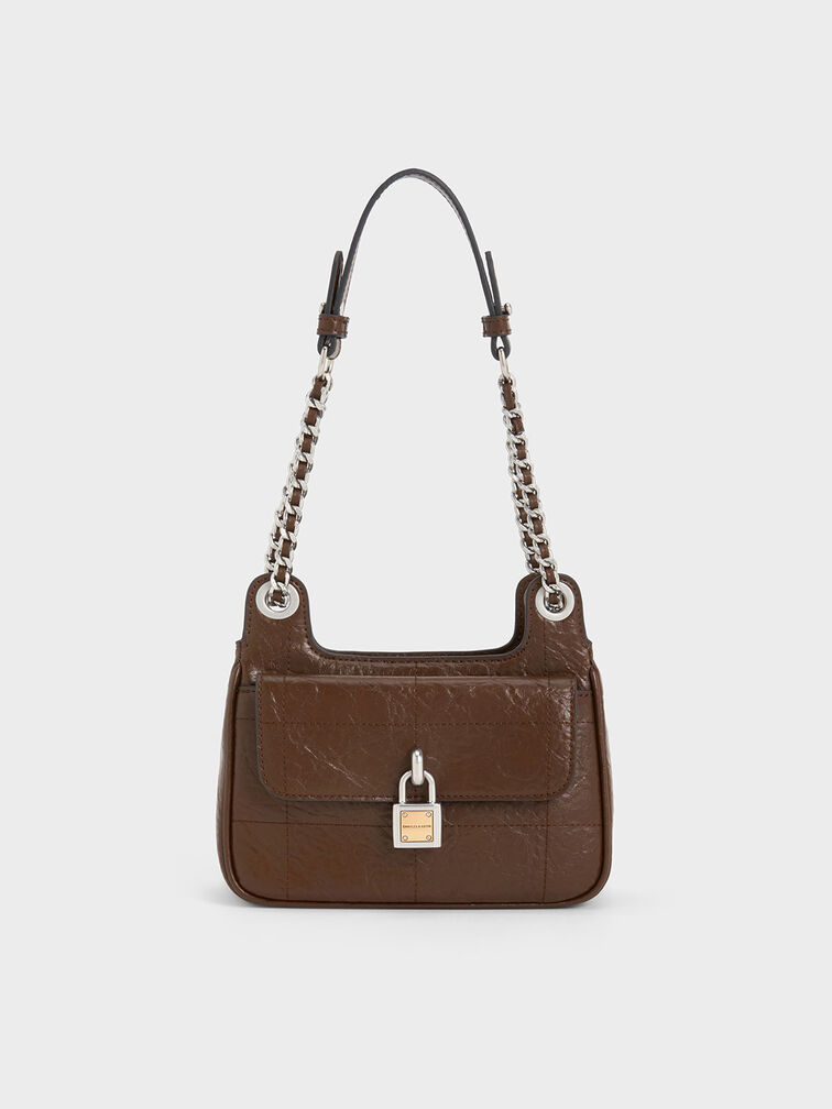 Suki Crinkle-Effect Padlock Shoulder Bag, Dark Brown, hi-res