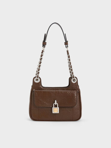 Suki Crinkle-Effect Padlock Shoulder Bag, Dark Brown, hi-res