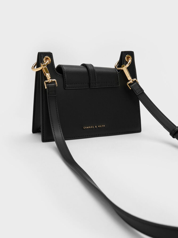 Belted Front Flap Shoulder Bag, Black, hi-res