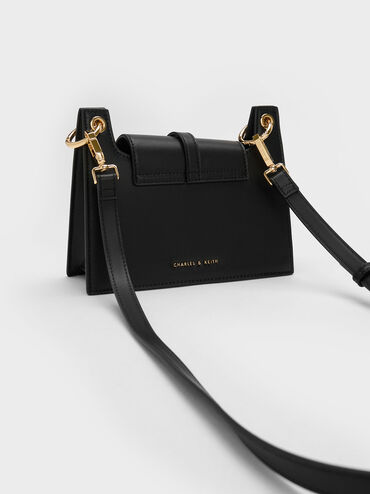 Belted Front Flap Shoulder Bag, Black, hi-res