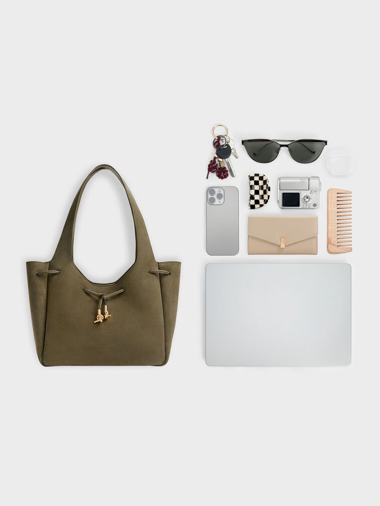 Mila Recycled Suede Metallic-Knot Drawstring Tote Bag, Deep Olive, hi-res