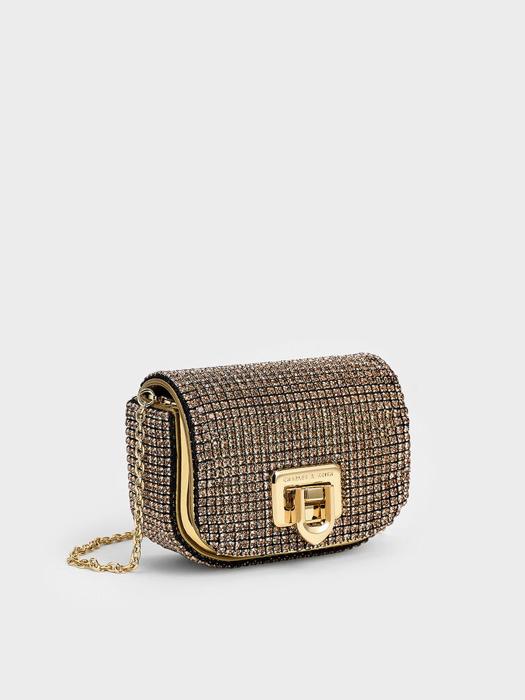 Crystal-Embellished Turn-Lock Mini Bag, Gold, hi-res