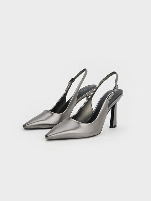 Metallic Trapeze Heel Slingback Pumps, Pewter, hi-res