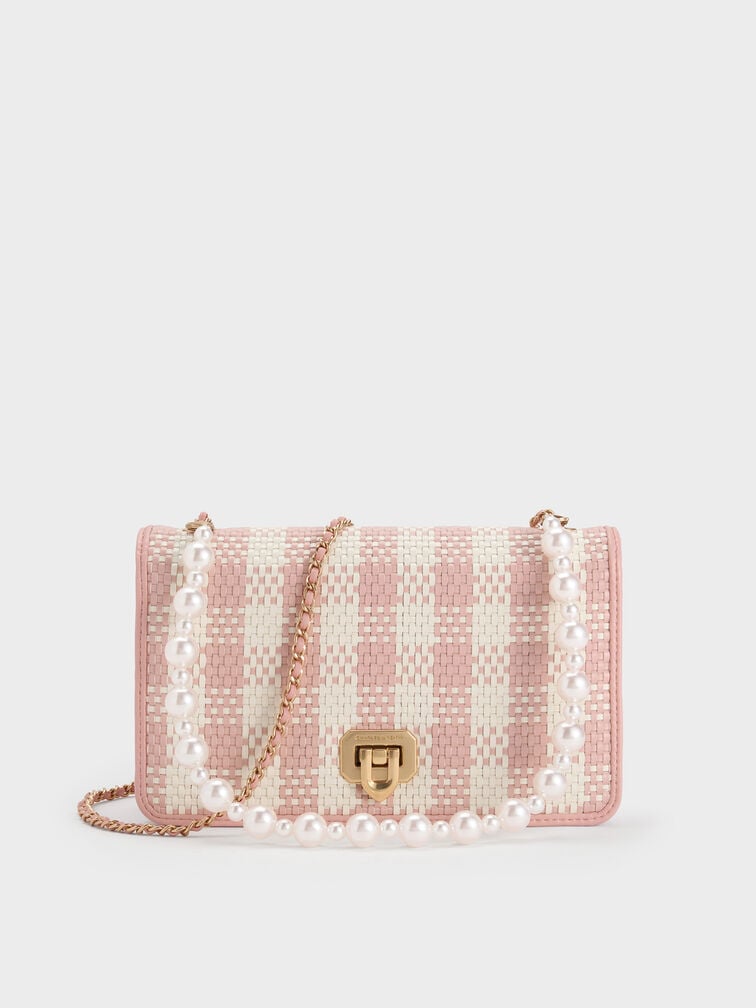 Alessia Checkered Pearl-Embellished Wallet on Chain, Light Pink, hi-res