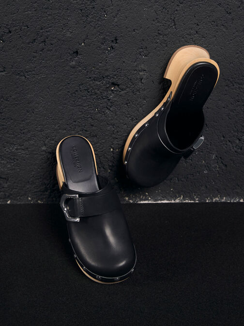 Gabine Studded Leather Clogs, Black, hi-res