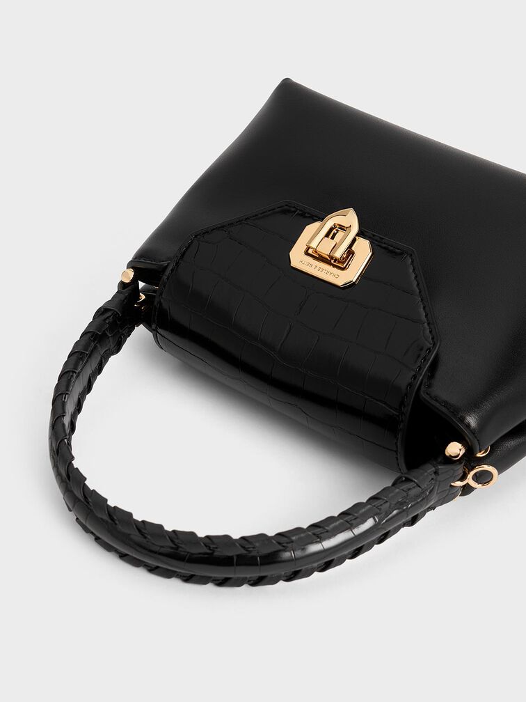 Arwen Croc-Effect Braided-Strap Top Handle Bag, Black, hi-res