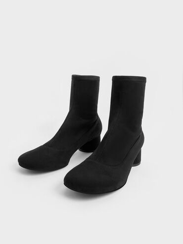Textured Stitch-Trim Cylindrical Heel Ankle Boots, Black Textured, hi-res