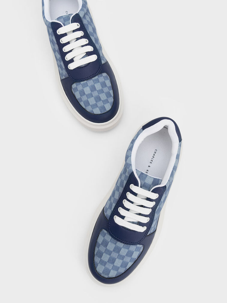 Stevie Denim Checkered Sneakers, Blue, hi-res