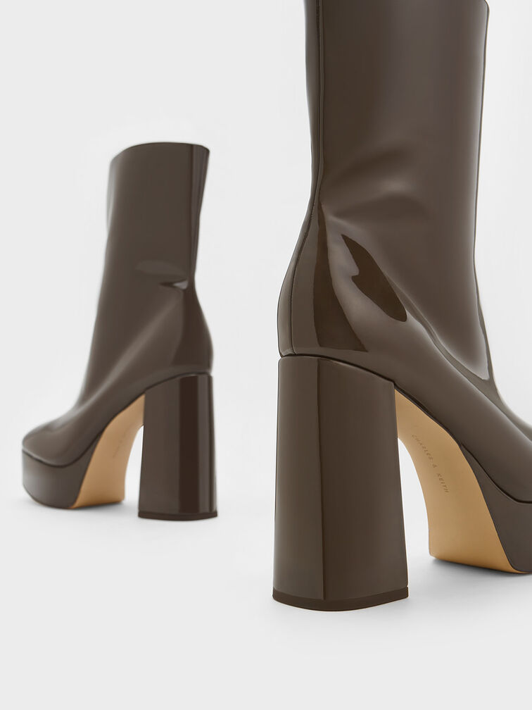 Patent Platform Side-Zip Ankle Boots, Brown, hi-res