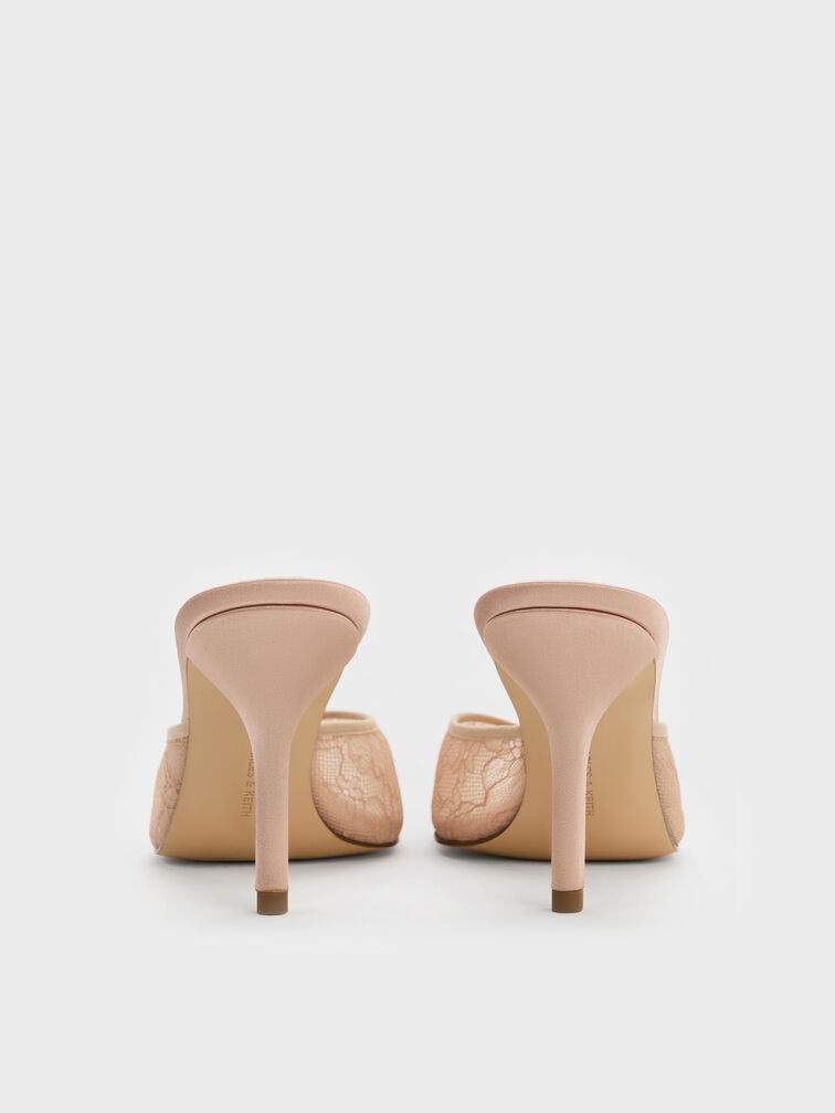 Lace Stiletto Mules, Nude, hi-res