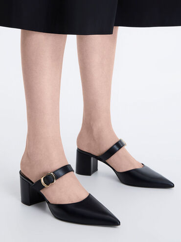 Metallic Accent Pointed-Toe Block-Heel Mules, Black, hi-res
