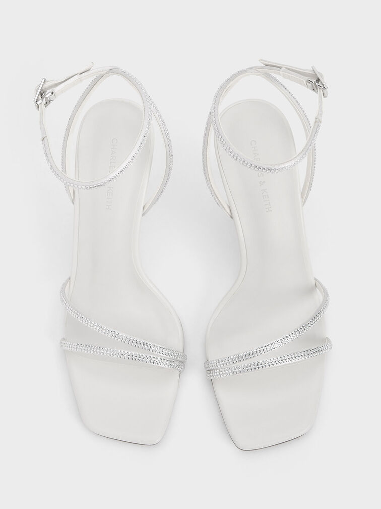 Satin Crystal Stiletto Sandals, White, hi-res