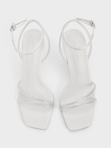 Satin Crystal Stiletto Sandals, White, hi-res