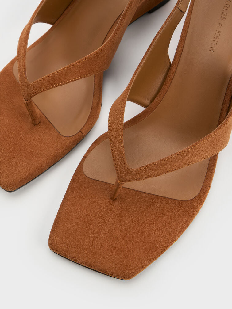 Faux Suede Slingback Thong Wedges, Cognac, hi-res