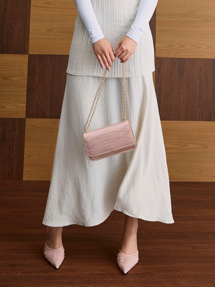 Satin Sequinned Chain-Handle Mini Bag, Ballerina Pink, hi-res