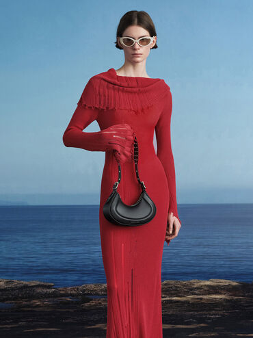 Petra Grommet-Strap Curved Shoulder Bag, Noir, hi-res
