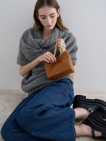 Brigette Ruched Chain-Handle Shoulder Bag, Brown, hi-res