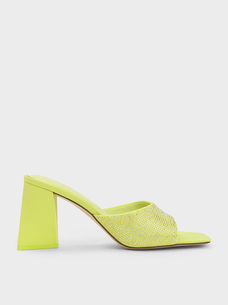 Gem-Embellished Geometric Mules, Lime, hi-res