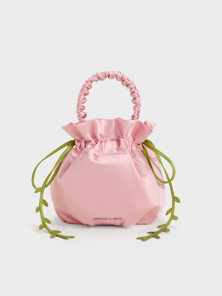Mabel Satin Floral-Vine Bucket Bag, Pink, hi-res