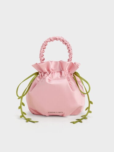 Mabel Satin Floral-Vine Bucket Bag, Pink, hi-res