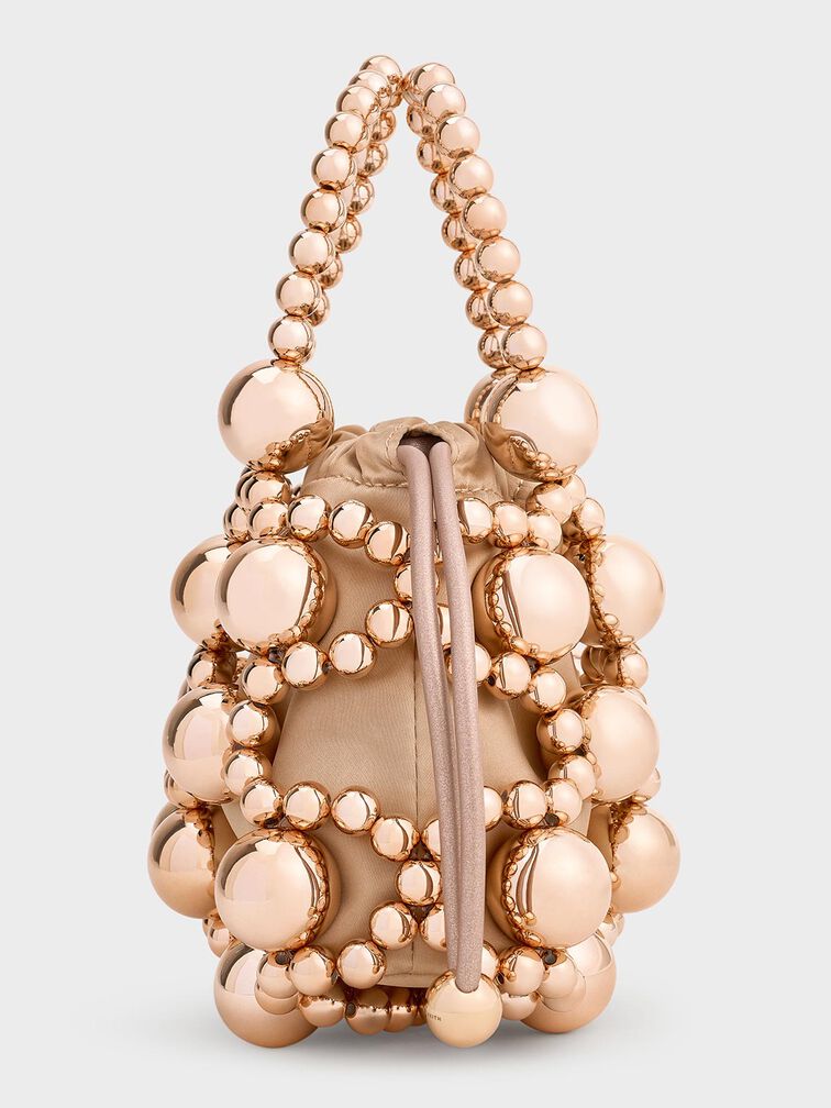 Metallic Beaded Top Handle Bag, Rose Gold, hi-res