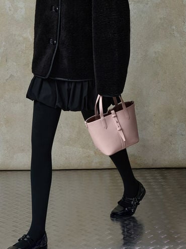 Beryl Recycled Leather Double-Handle Belted Bucket Bag, Cotton Candy Pink, hi-res