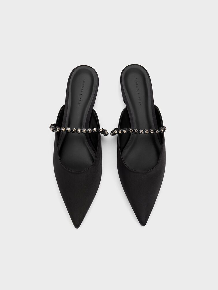Flores Recycled Polyester Gem-Strap Flat Mules, Black, hi-res