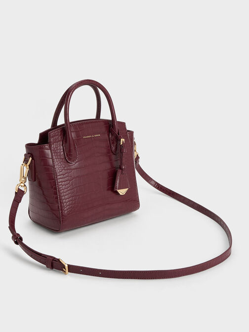 Croc-Effect Trapeze Structured Tote Bag, Burgundy, hi-res