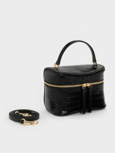 Pansy Croc-Effect Vanity Bag, Black, hi-res