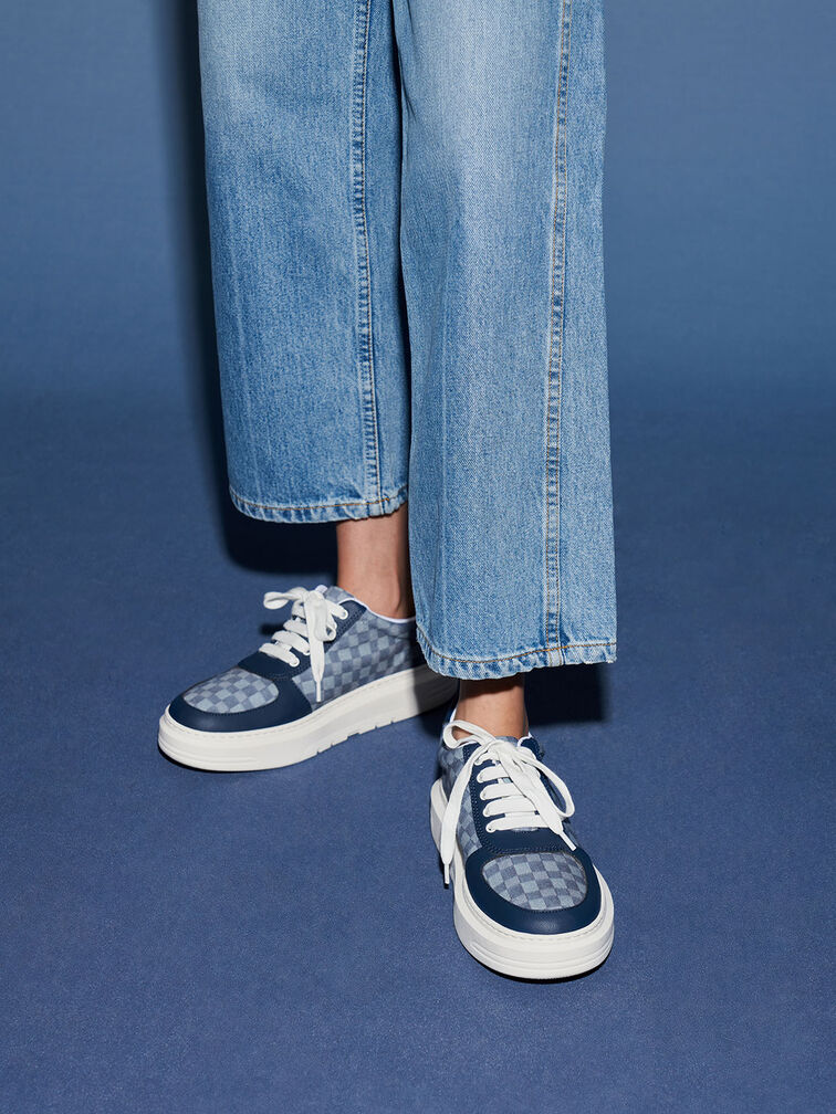Stevie Denim Checkered Sneakers, Blue, hi-res