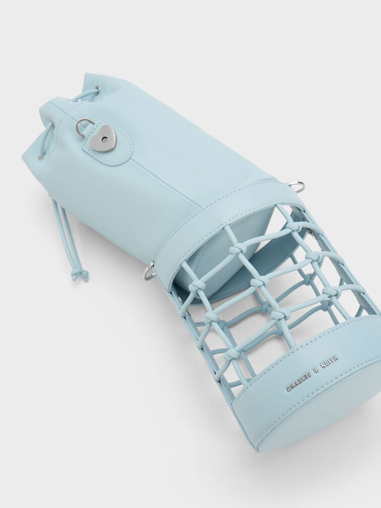 Heart Motif Caged Bucket Bag, Light Blue, hi-res