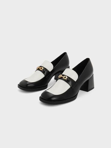 Two-Tone Metallic Accent Block Heel Loafer Pumps, Multi, hi-res