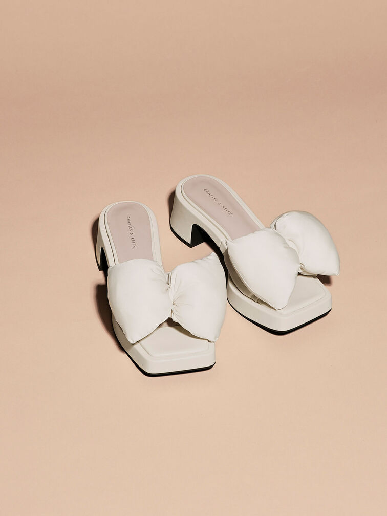 Puffy Bow Heeled Mules, Cream, hi-res