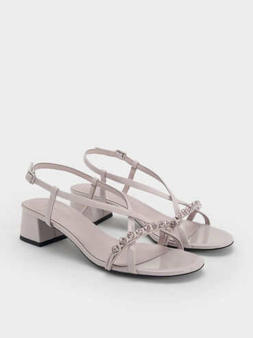 Patent Gem Heeled Slingback Sandals, Lilac, hi-res