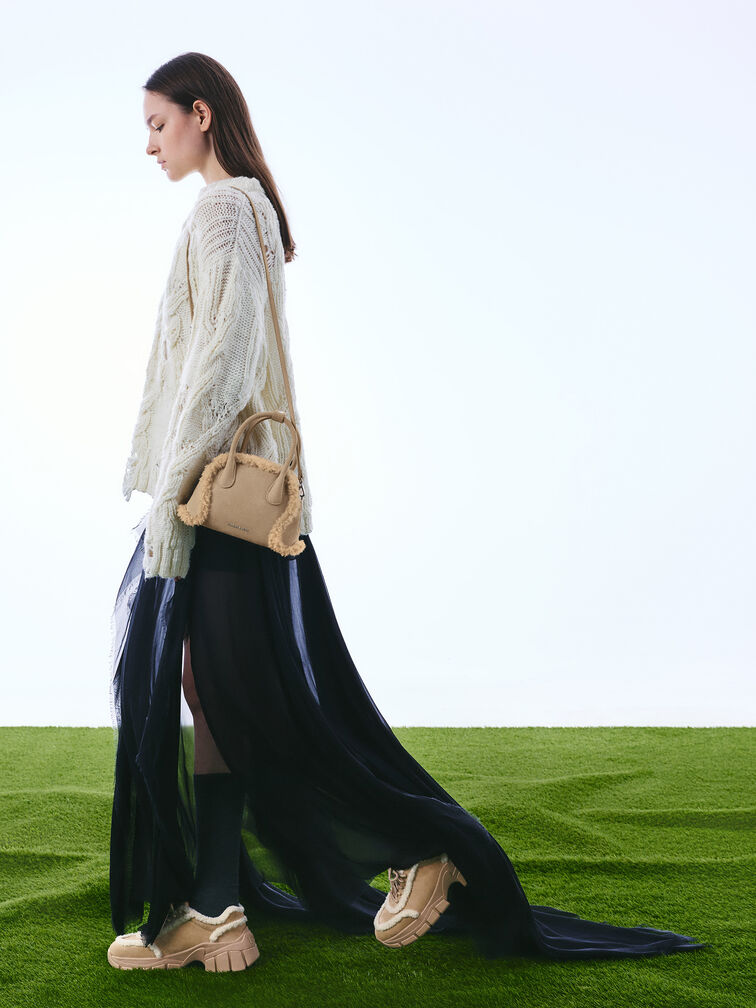 Nelly Recycled Suede & Faux Shearling Bowling Bag, Nutmeg Beige, hi-res