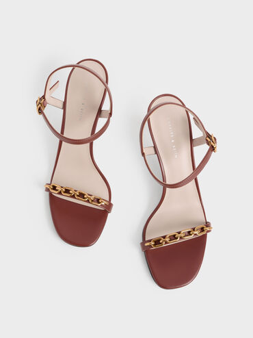 Chain Link Heeled Sandals, Brown, hi-res
