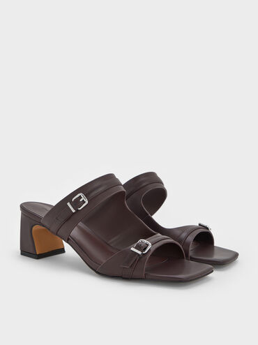 Buckled Double-Strap Heeled Mules, Burgundy, hi-res