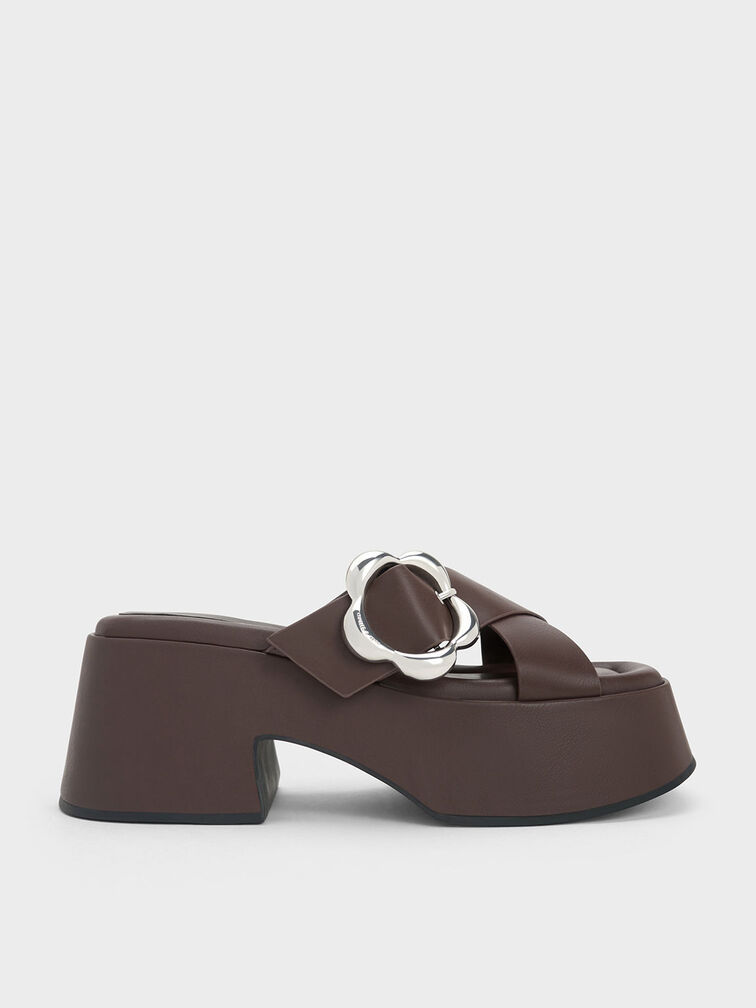 Flower-Buckle Crossover Platform Mules, Dark Brown, hi-res