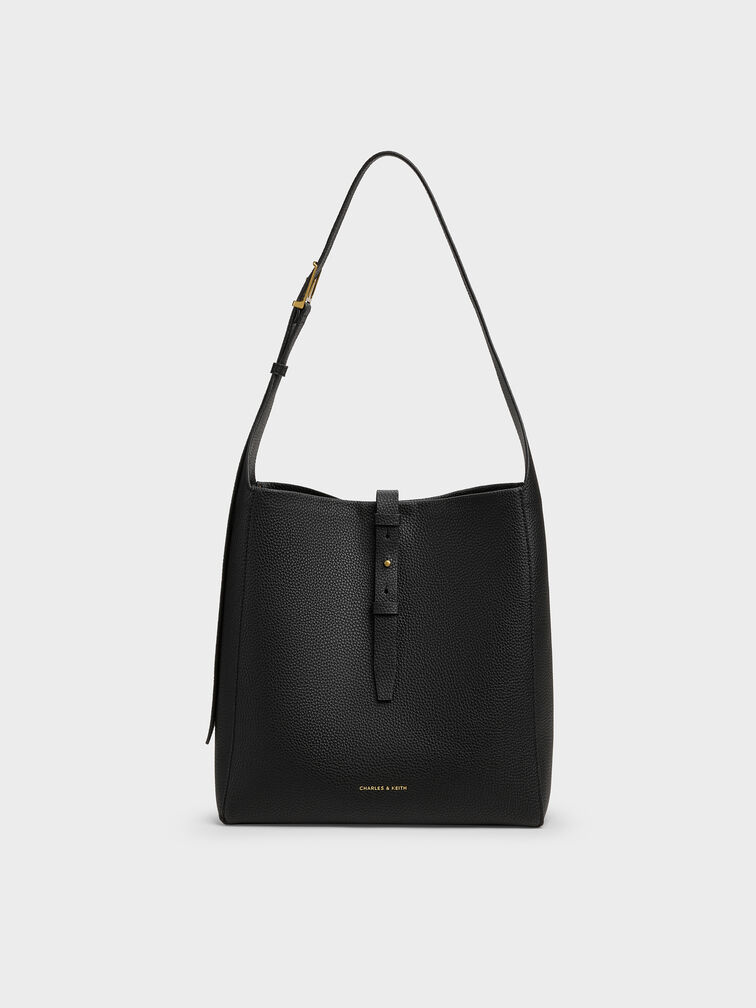 Beryl Recycled Leather Belted Hobo Bag, Black, hi-res