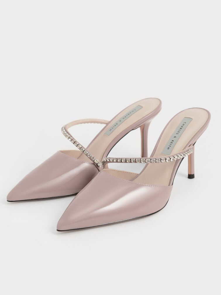 Gem-Encrusted Patent Mules, Taupe, hi-res