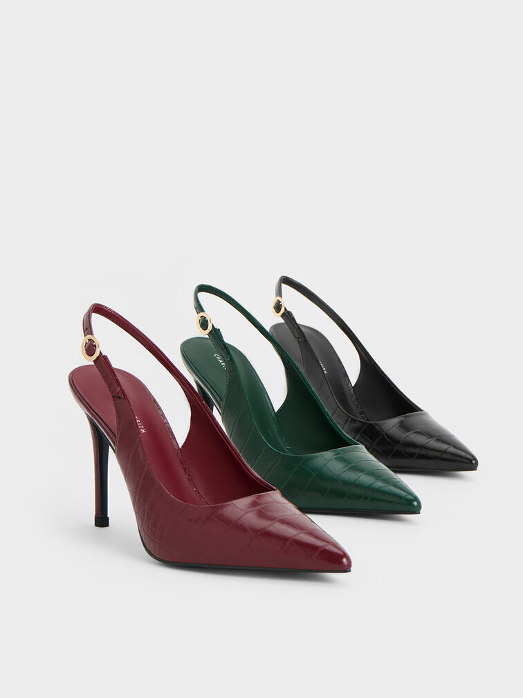 Croc-Embossed Stiletto Heel Slingback Pumps, Animal Print Dark Green, hi-res